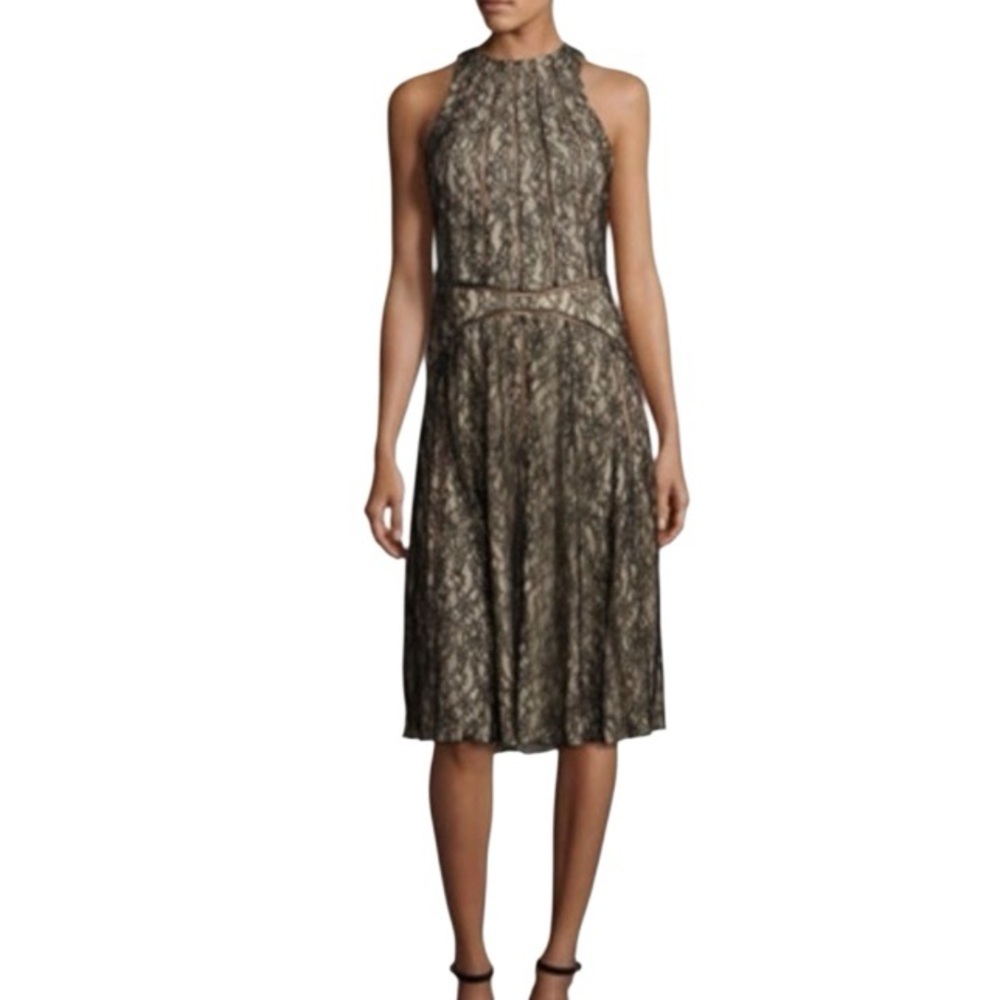 HAUTE HIPPIE Black Lace Dress Overlay Mesh Vertical Lines High Neck Size Medium